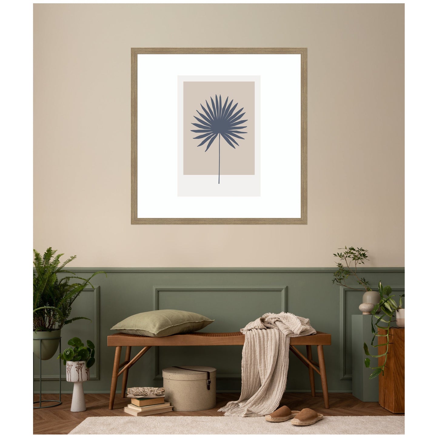 Muted Tan and Blue Colorblock Botanical Palm by The Creative Bunch Studio Framed Wall Art Print
