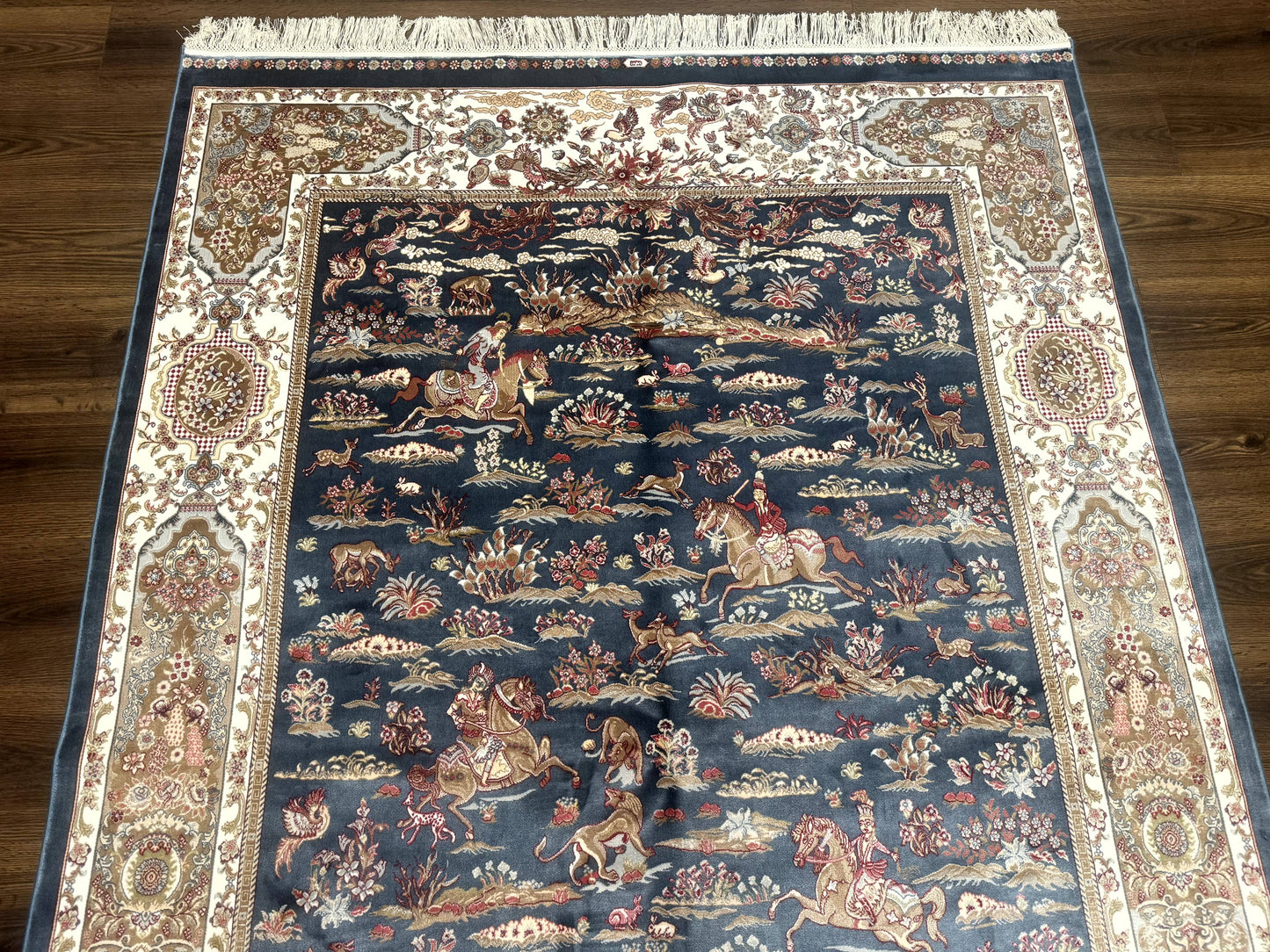 Turkish Silk Rug 5x8, Hunting Design, Animal Pictorials, Steel Blue & Ivory, Bamboo Silk