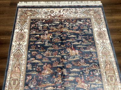 Turkish Silk Rug 5x8, Hunting Design, Animal Pictorials, Steel Blue & Ivory, Bamboo Silk