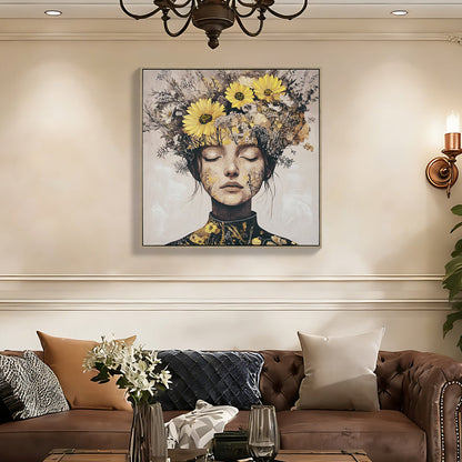 Floral Beauty Lady Canvas Wall Art | Gold & White Framed Print for Bedroom & Living Room — 24×24 Inch