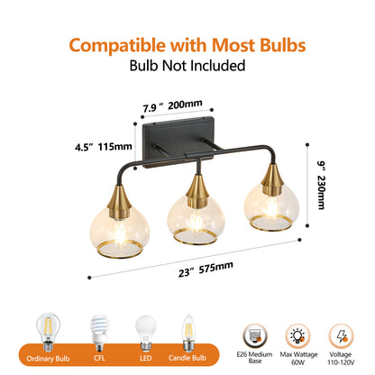 Black & Gold Vanity Wall Sconce | 3/4-Light Industrial Bathroom Fixture with Clear Glass Shades for Mirror & Living Spaces