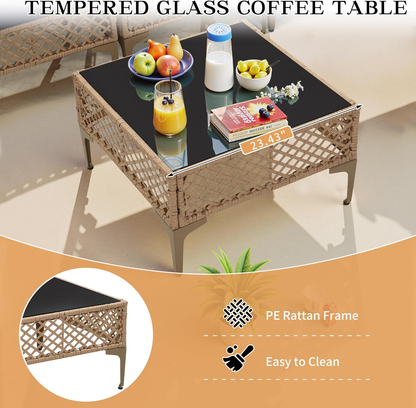 Ainfox 7 Pieces Outdoor Wicker Modular Patio Sectional Set with Thick Cushions & Tempered Glass Table