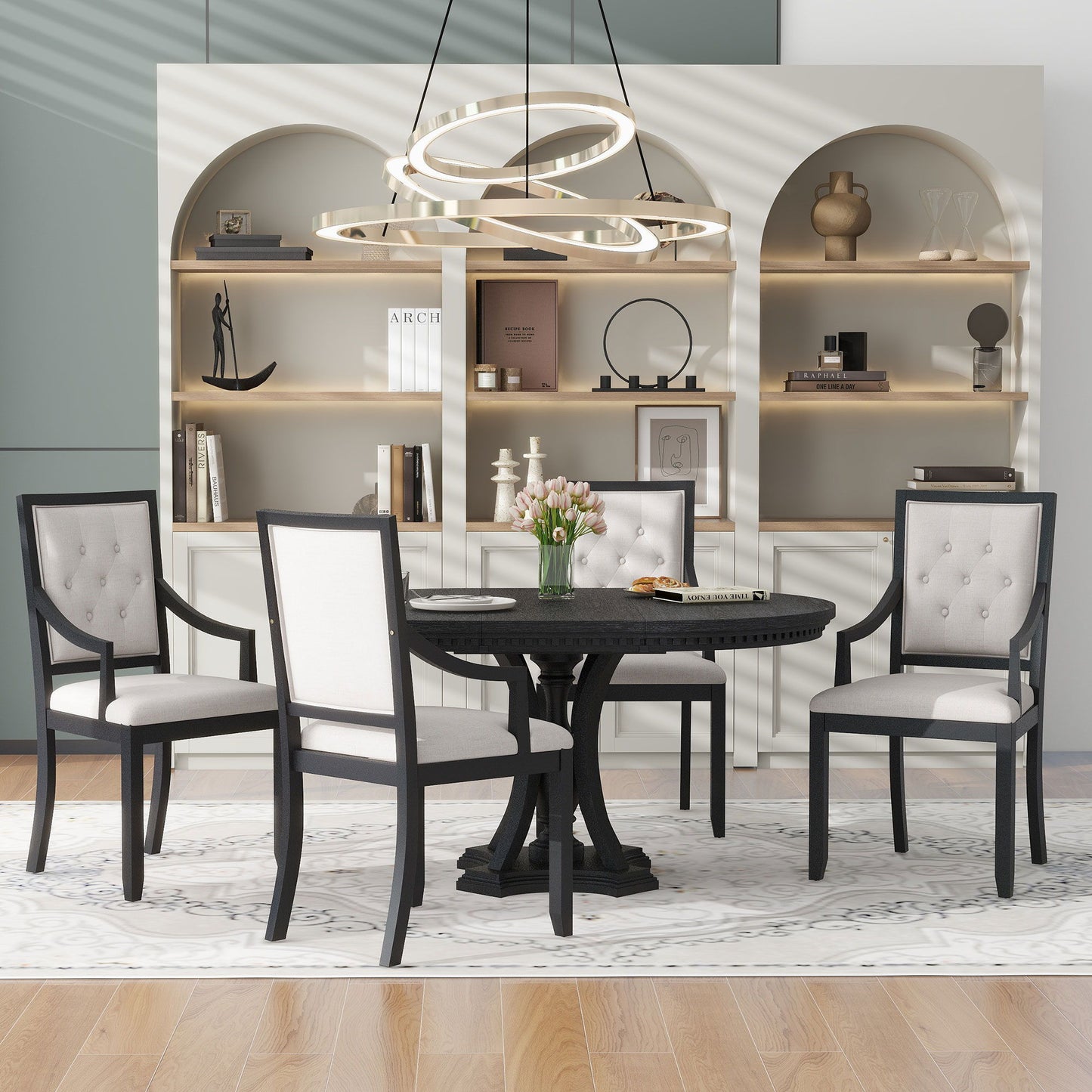 5 Piece Dining Set Extendable Round Table And 4 Chairs - Black / Oak