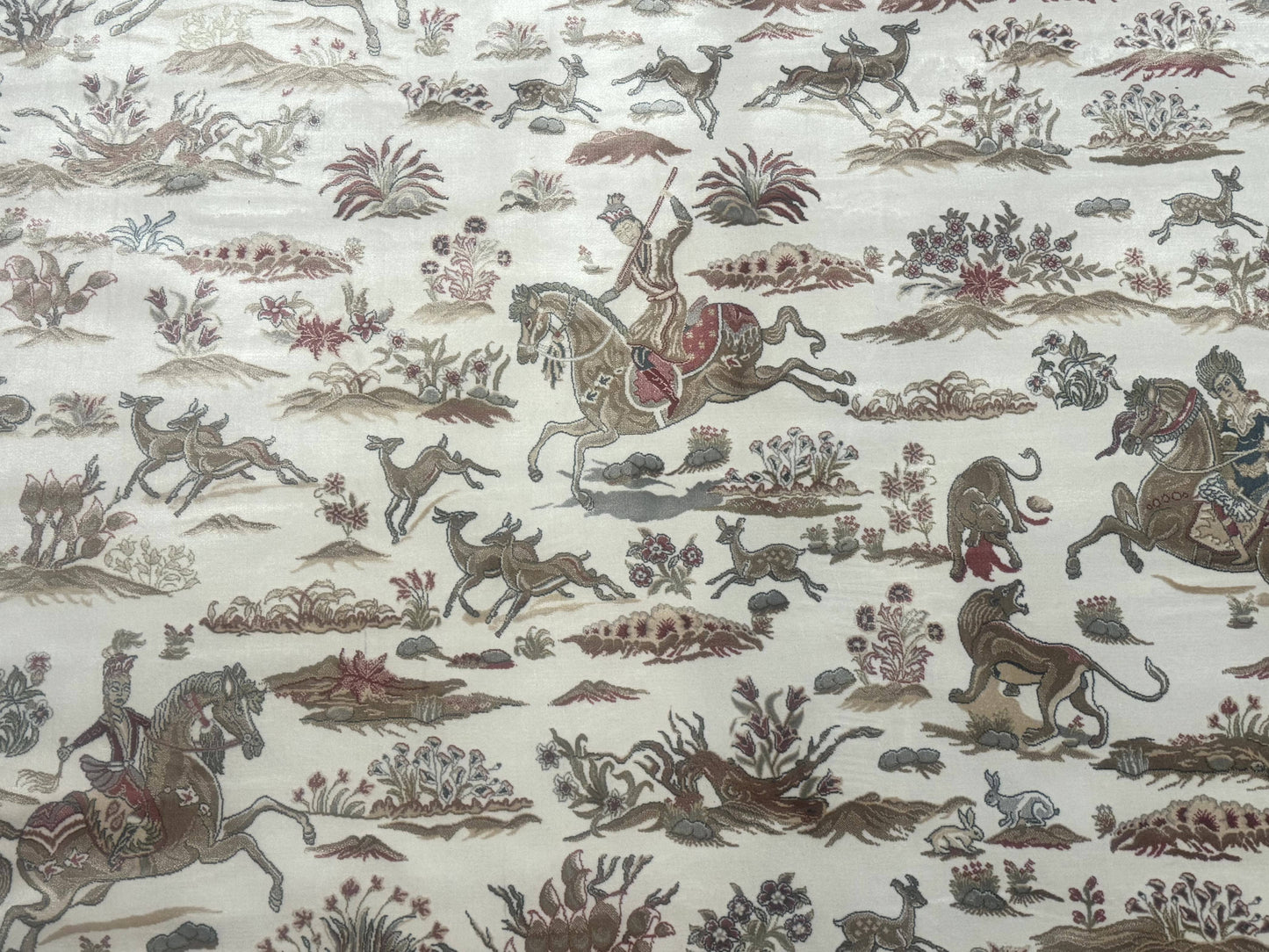 Large Turkish Silk Rug 8x10, Ivory, Hunting Design, Bamboo Silk, New