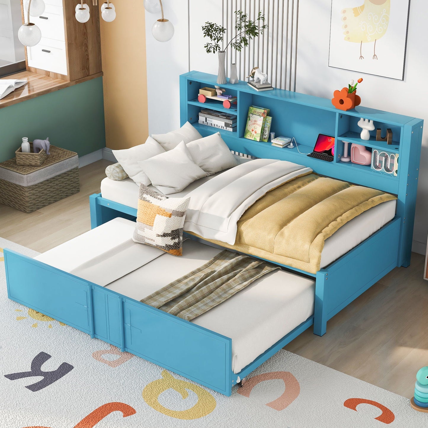 Industrial Metal Daybed With Trundle, Storage Shelves, USB Ports