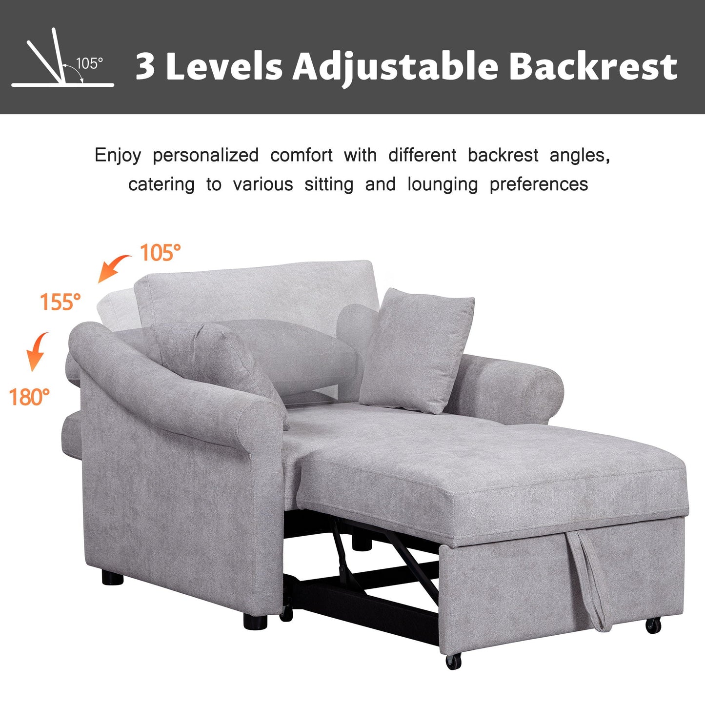 Convertible Sleeper Chair With Adjustable Backrest, 3 In 1 Lounger Chair Turns Into Bed, Single Bed For Living Room