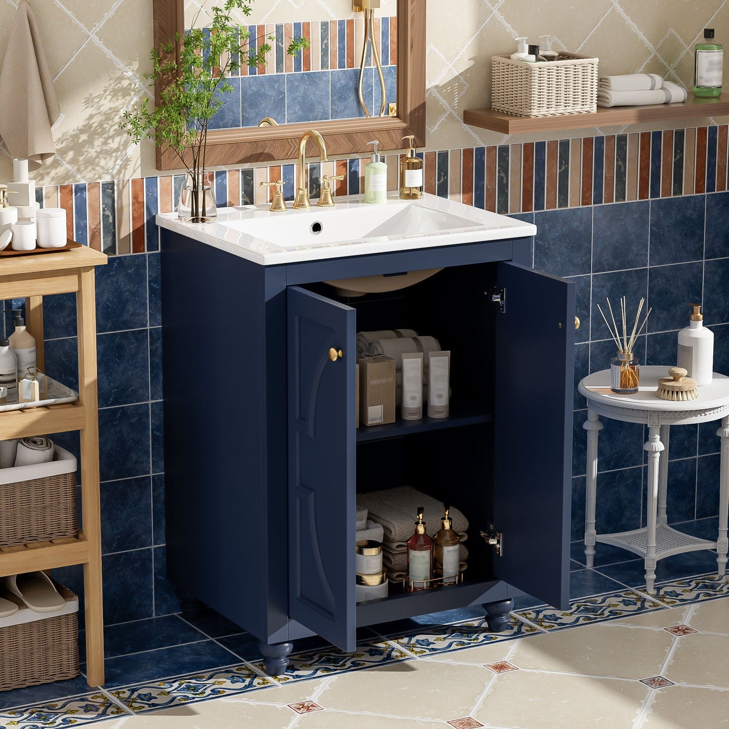 Bathroom Vanity With Ornate Elliptical Motif, Soft Close Hinges