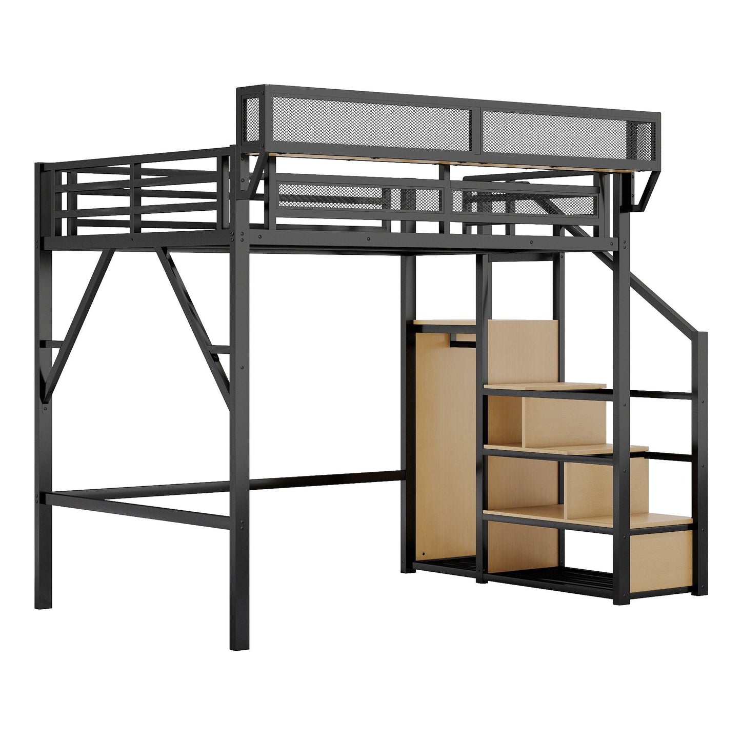 Loft Bed With Stairs, Storage Shelves, Wardrobe