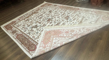 Large Turkish Silk Rug 8x10, Ivory, Hunting Design, Bamboo Silk, New