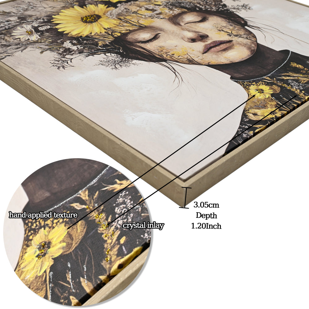 Floral Beauty Lady Canvas Wall Art | Gold & White Framed Print for Bedroom & Living Room — 24×24 Inch