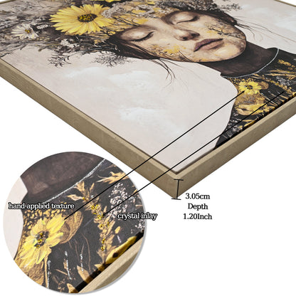 Floral Beauty Lady Canvas Wall Art | Gold & White Framed Print for Bedroom & Living Room — 24×24 Inch