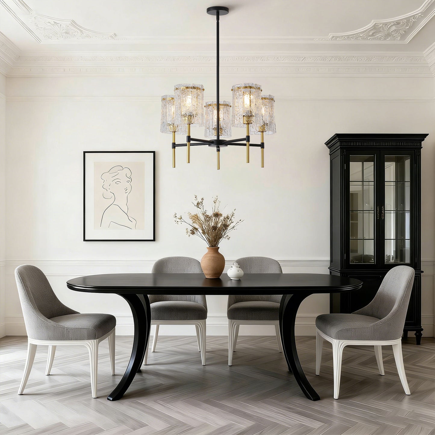 5 Light Chandelier, Textured Glass Pendant Light, (Not Including The Bulb) For Living Room - Black / Gold