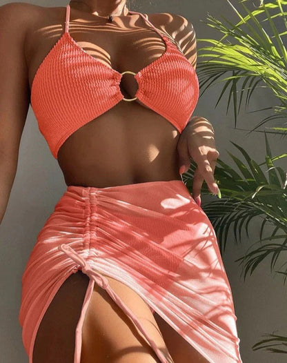 Women's Two-Piece Swimsuit Slim Solid Color Sexy Bikini Halter Three-Piece Set