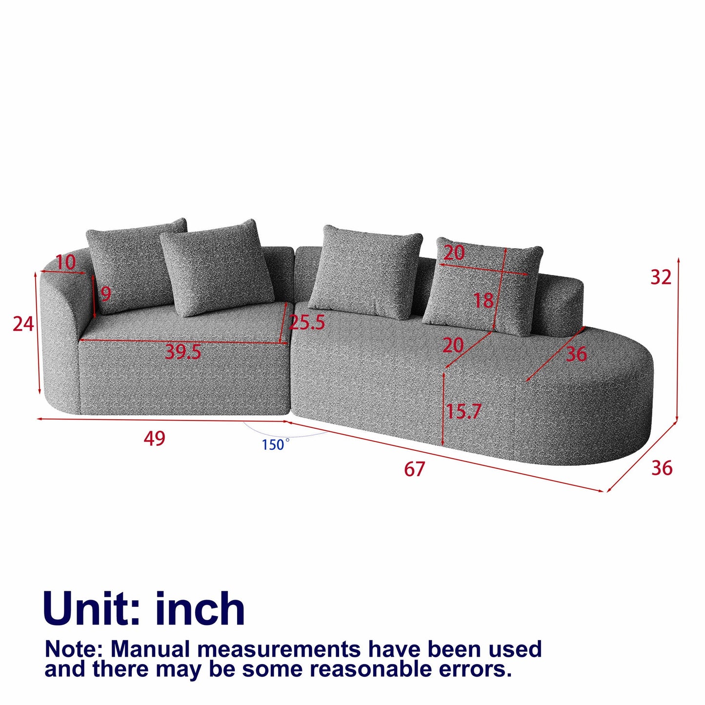 Upholstered Oversized Sectional Sofa, 4 Seater Extra Deep & Wide Curved Cloud Couch With 4 Throw Pillows For Living Room - Black