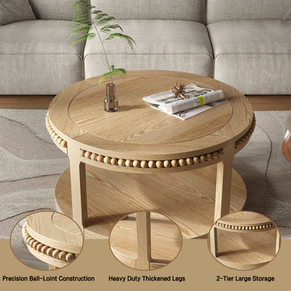 31.5" Round Solid Wood Coffee Table — Two-Tier Shelf, Natural Finish