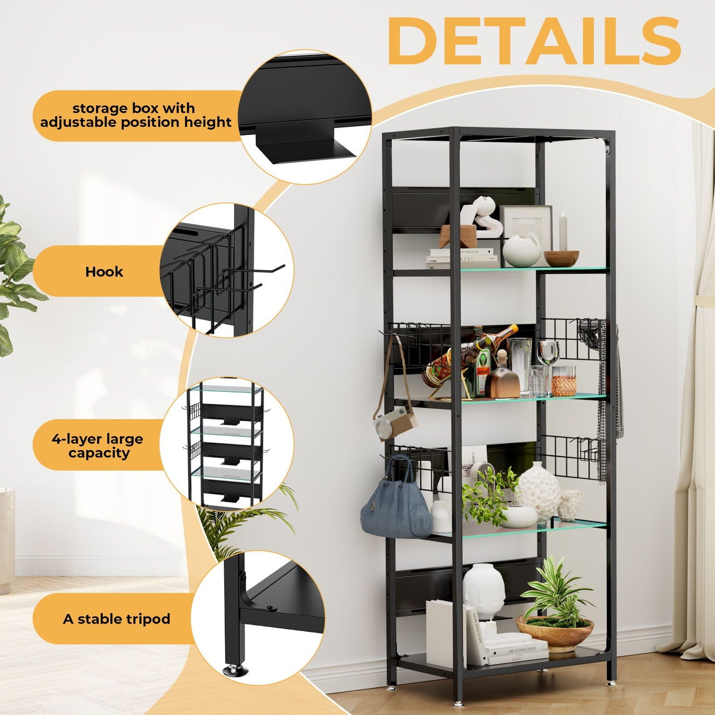 4 Tier Display Shelf With RGB Lights, LED Lighted Curio Cabinet With Adjustable Storage Box & Hooks - Black