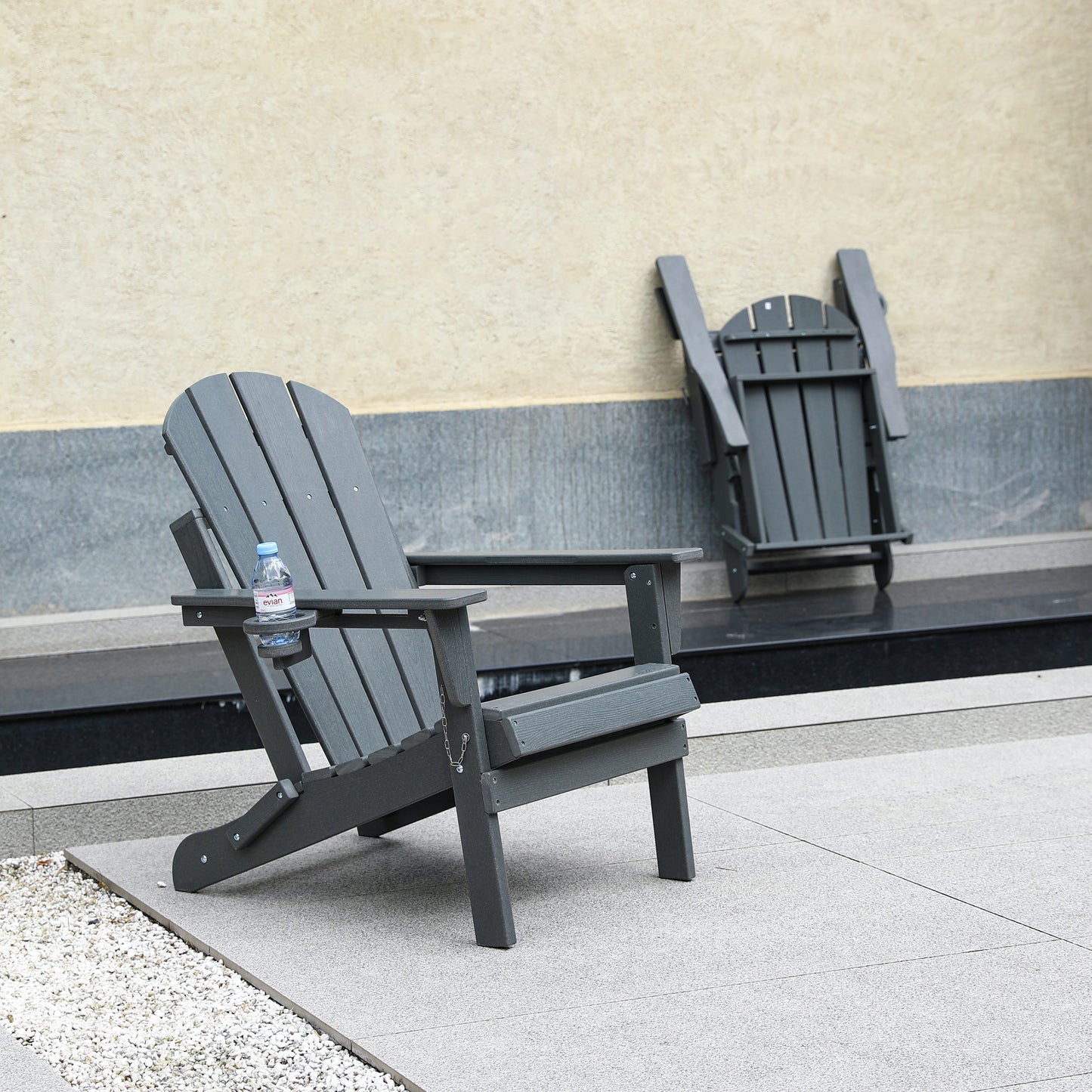 HDPE Folding Adirondack Chair with Dual Cup Holder - Gray