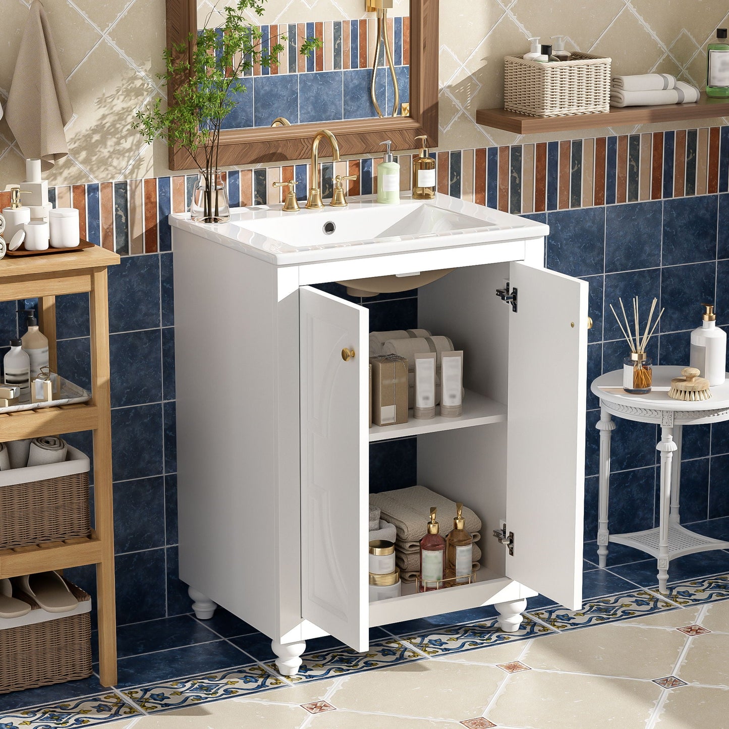 Bathroom Vanity With Ornate Elliptical Motif, Soft Close Hinges