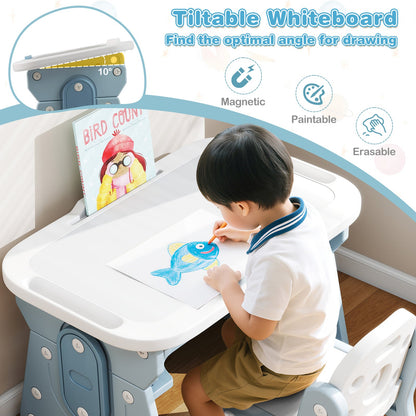 Height Adjustable Kids Table and Chair Set with Tiltable Whiteboard and Concave Shelf