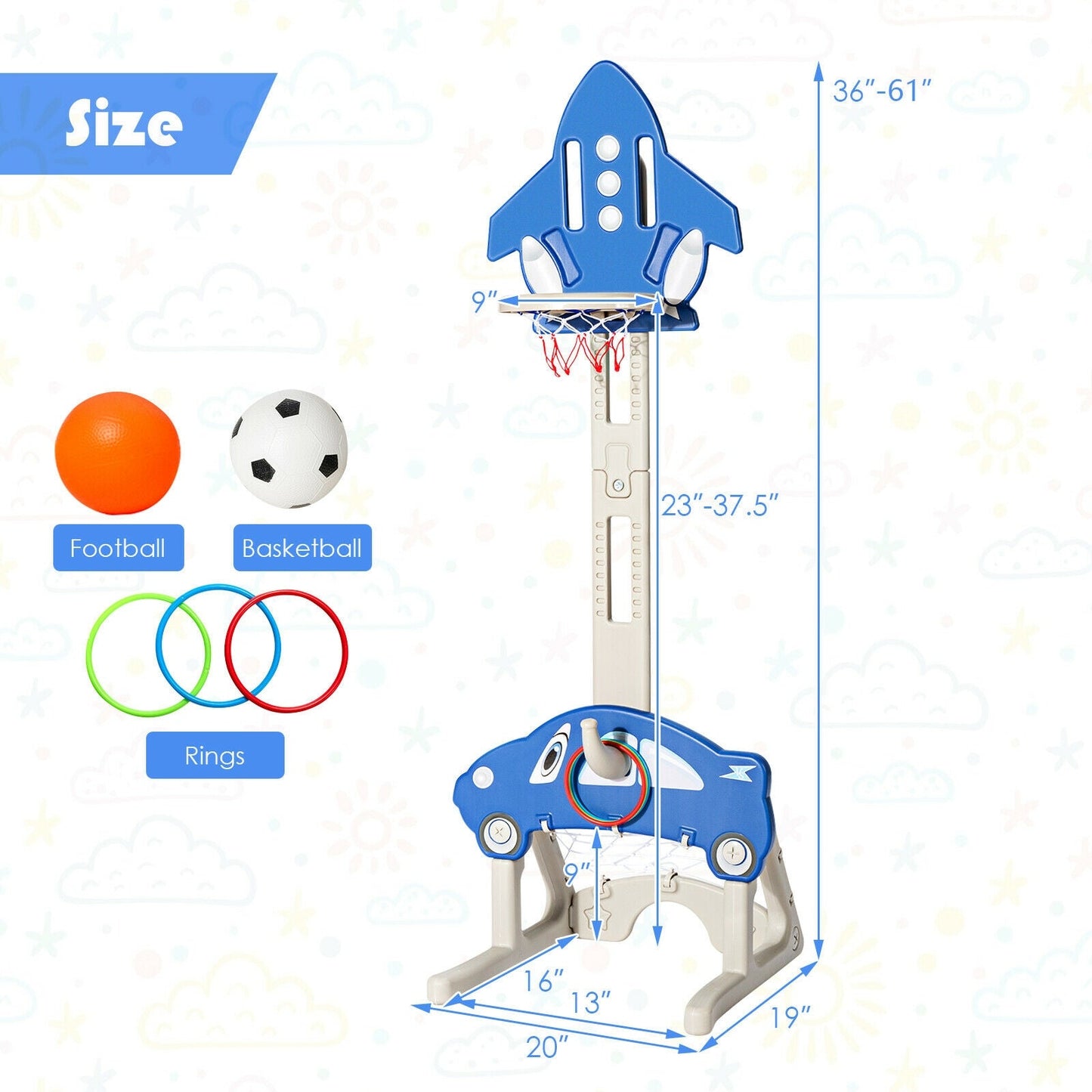 3-in-1 Basketball Hoop for Kids with Balls-Blue