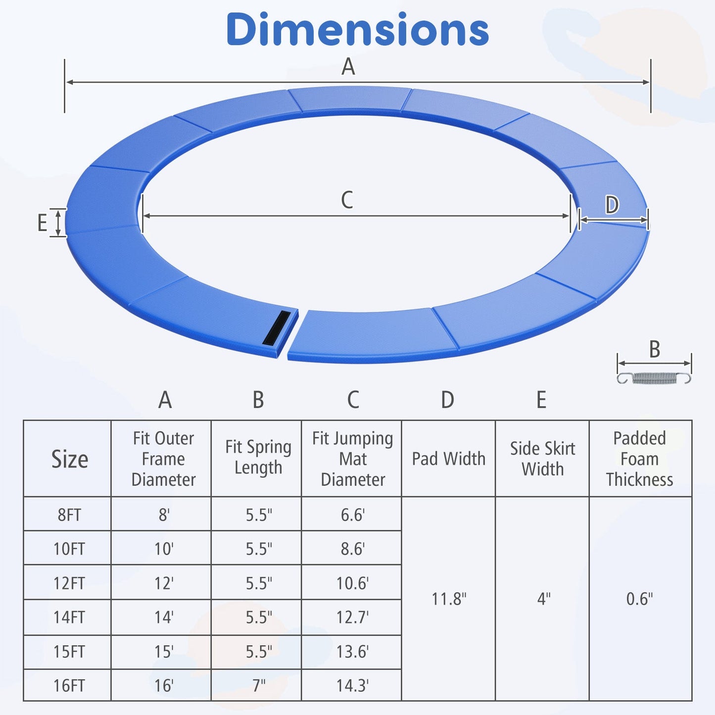 8-16 FT Trampoline Pad Replacement Safety Pad with Fixing Straps (Blue)