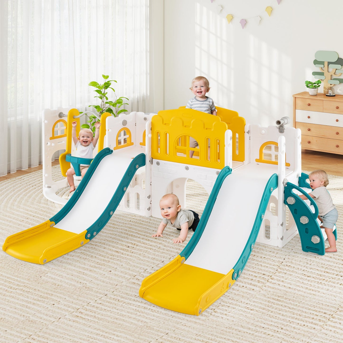 10-in-1 Toddler Slide and Swing Set with Double Slides and Tunnel