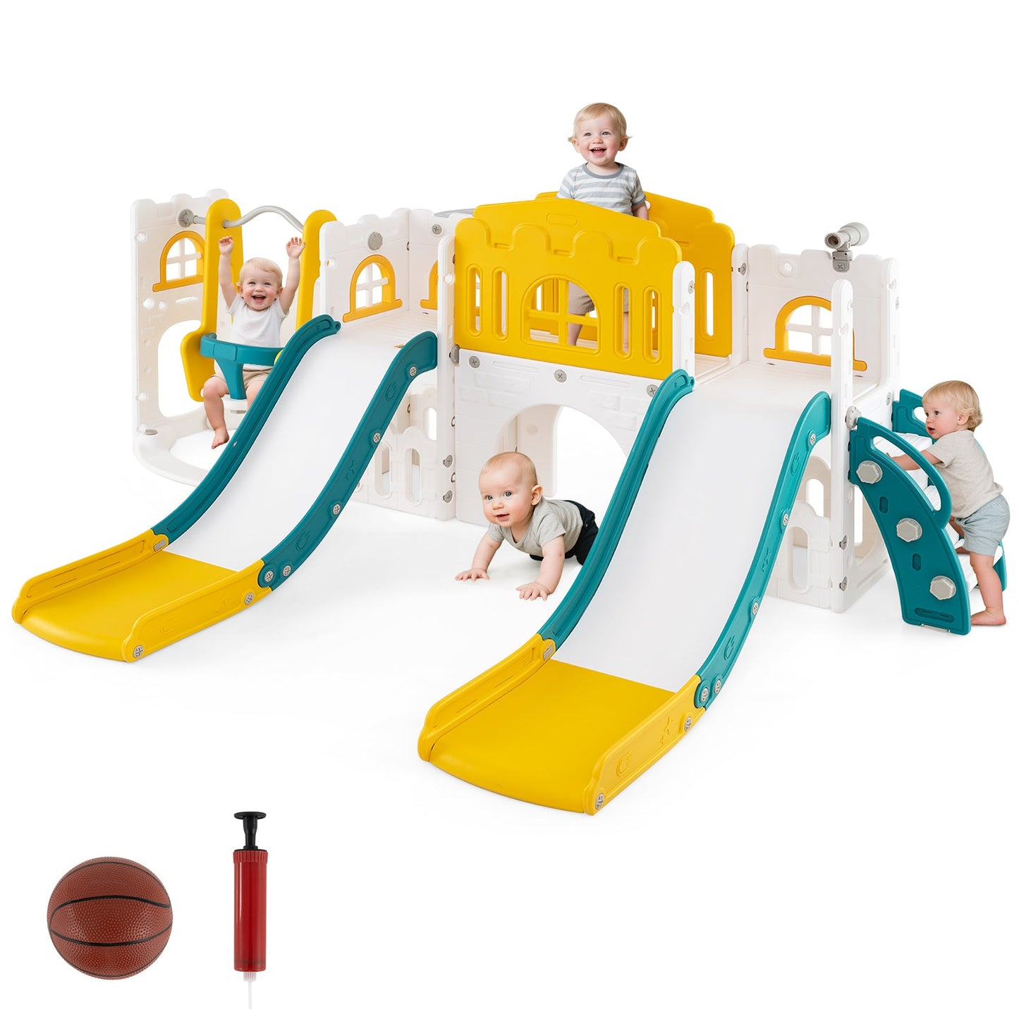 10-in-1 Toddler Slide and Swing Set with Double Slides and Tunnel