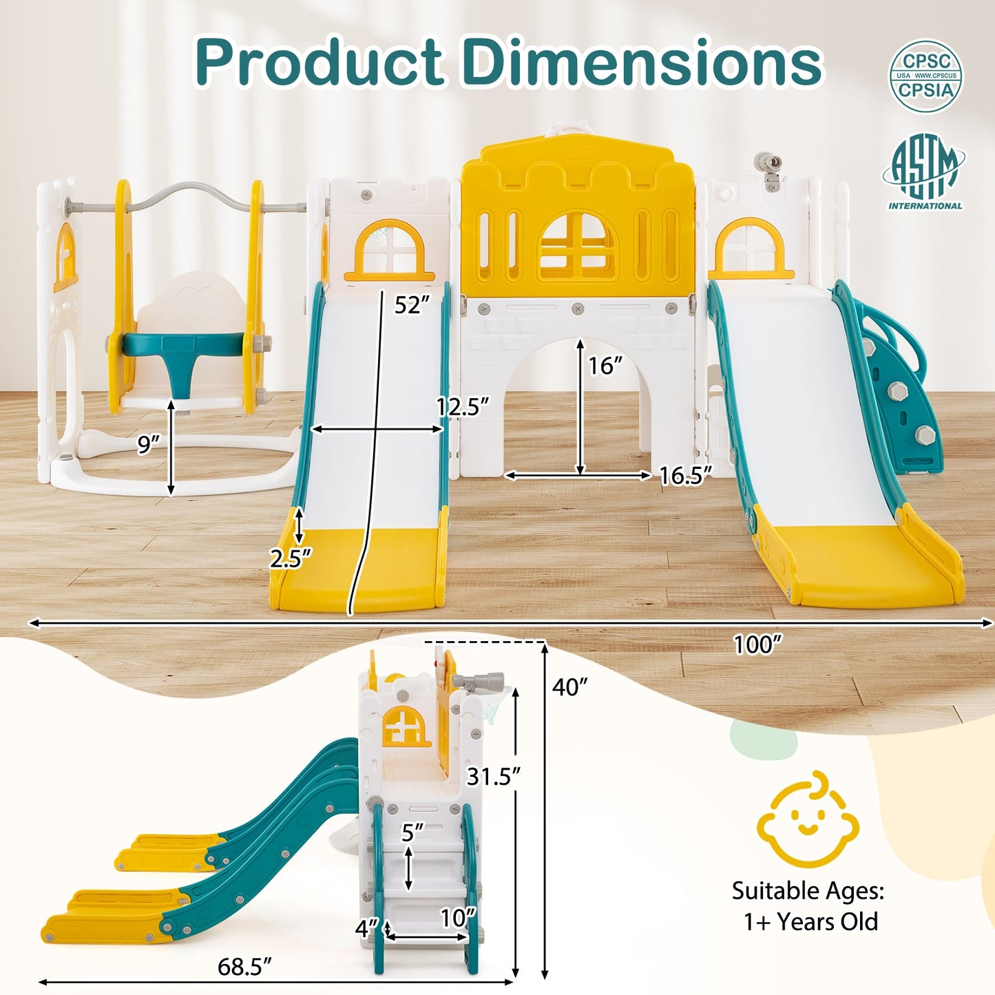 10-in-1 Toddler Slide and Swing Set with Double Slides and Tunnel