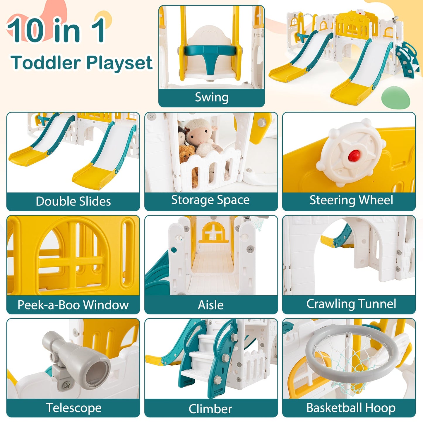 10-in-1 Toddler Slide and Swing Set with Double Slides and Tunnel