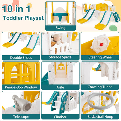 10-in-1 Toddler Slide and Swing Set with Double Slides and Tunnel