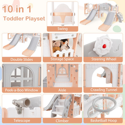 10-in-1 Toddler Slide and Swing Set with Double Slides and Tunnel