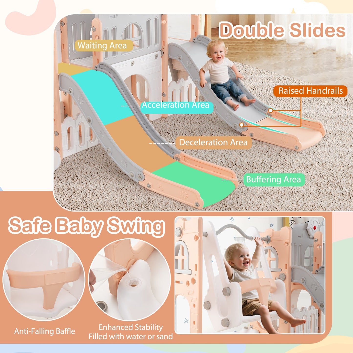 10-in-1 Toddler Slide and Swing Set with Double Slides and Tunnel