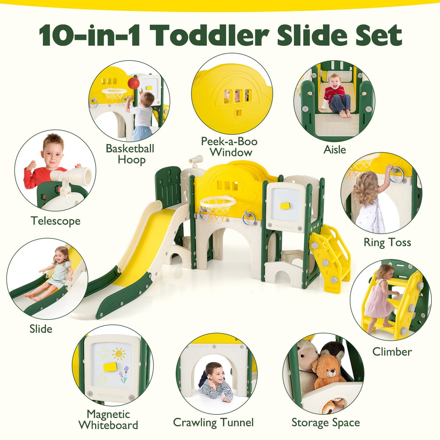10 in 1 Toddler Slide Set Kids Slide and Climber Playset Indoor Playground