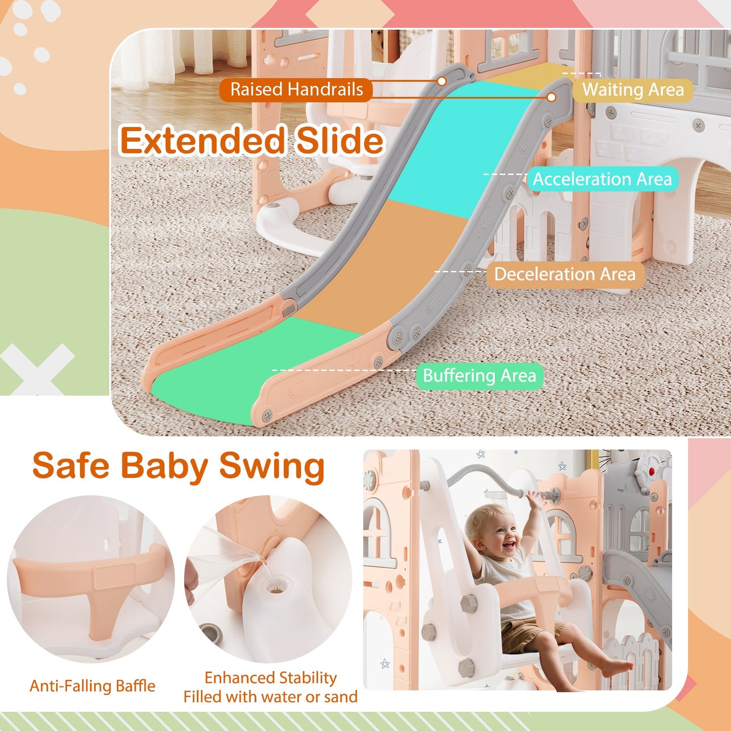 10-in-1 Toddler Swing and Slide Set Climber Playset with Basketball Hoop