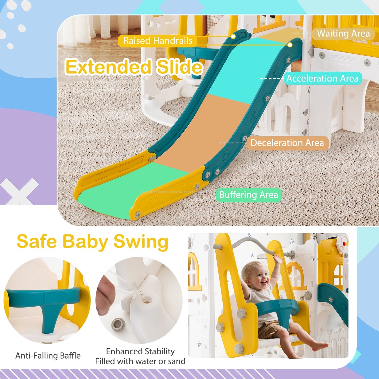10-in-1 Toddler Swing and Slide Set Climber Playset with Basketball Hoop