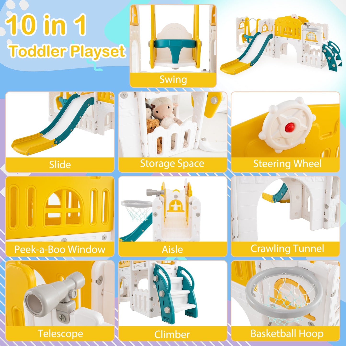 10-in-1 Toddler Swing and Slide Set Climber Playset with Basketball Hoop