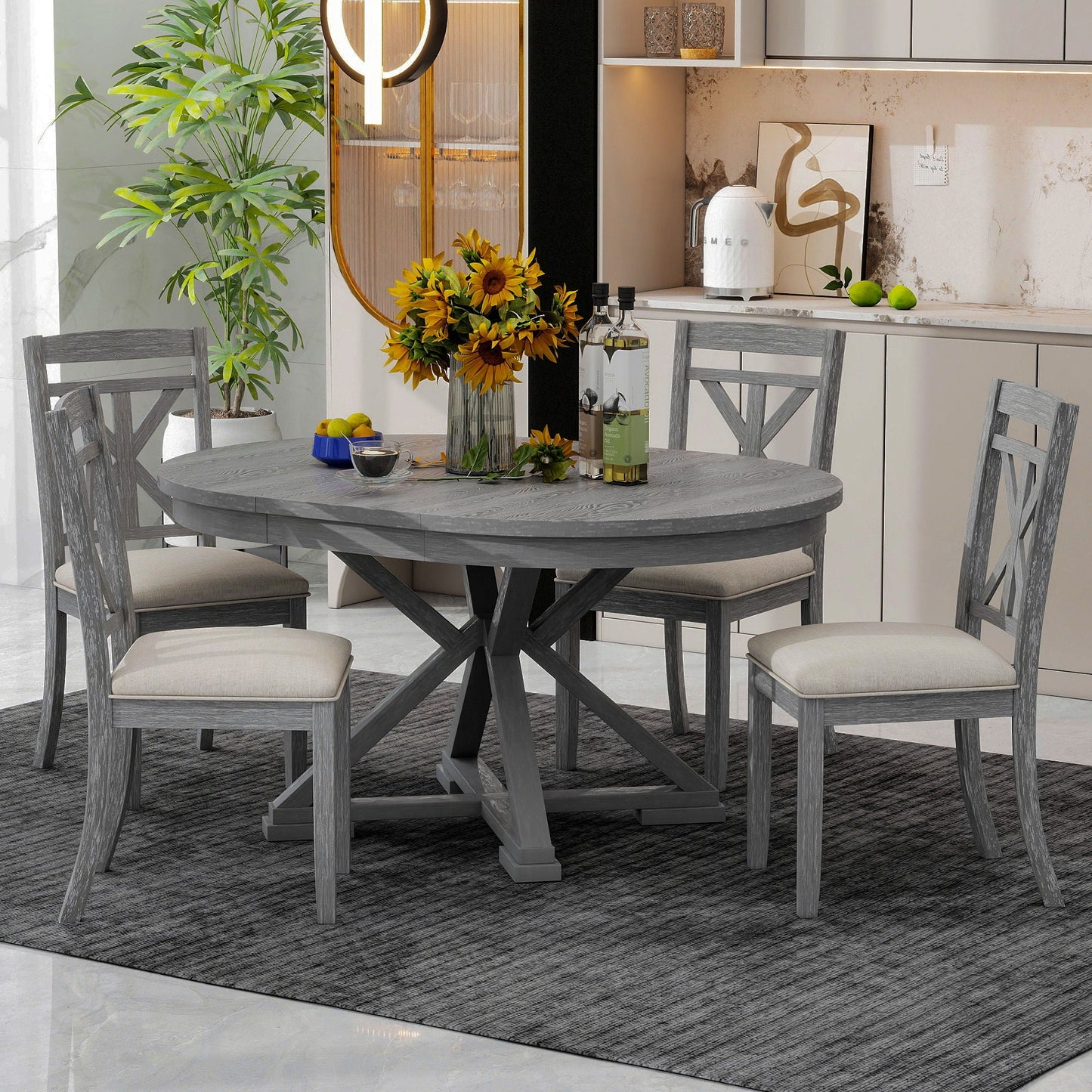 Dining Set With Extendable Round Table And 4 Upholstered Chairs