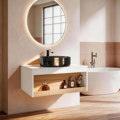 Floating Bathroom Vanity With Vessel Sink With Open Shelf Storage