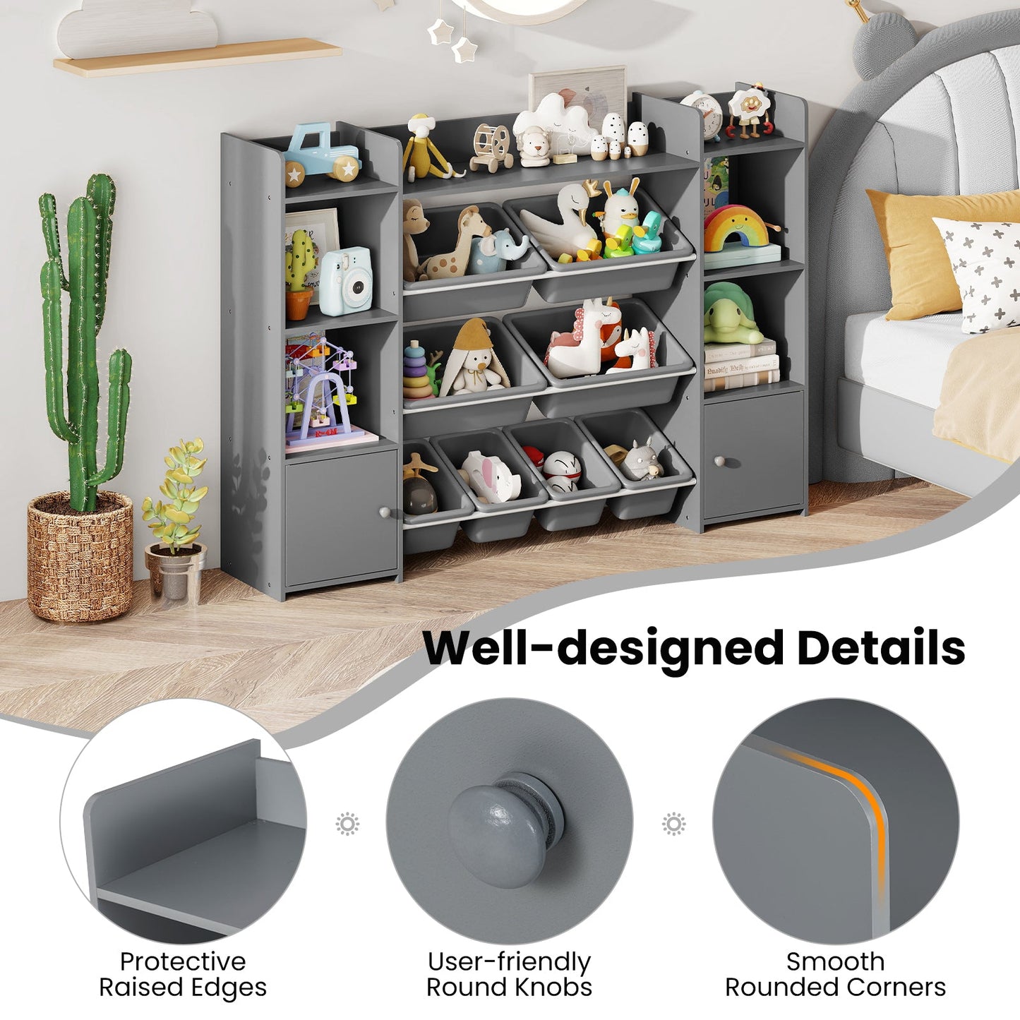 56 inch Large Toy Storage Organizer with 8 Removable Bins and Bookshelf