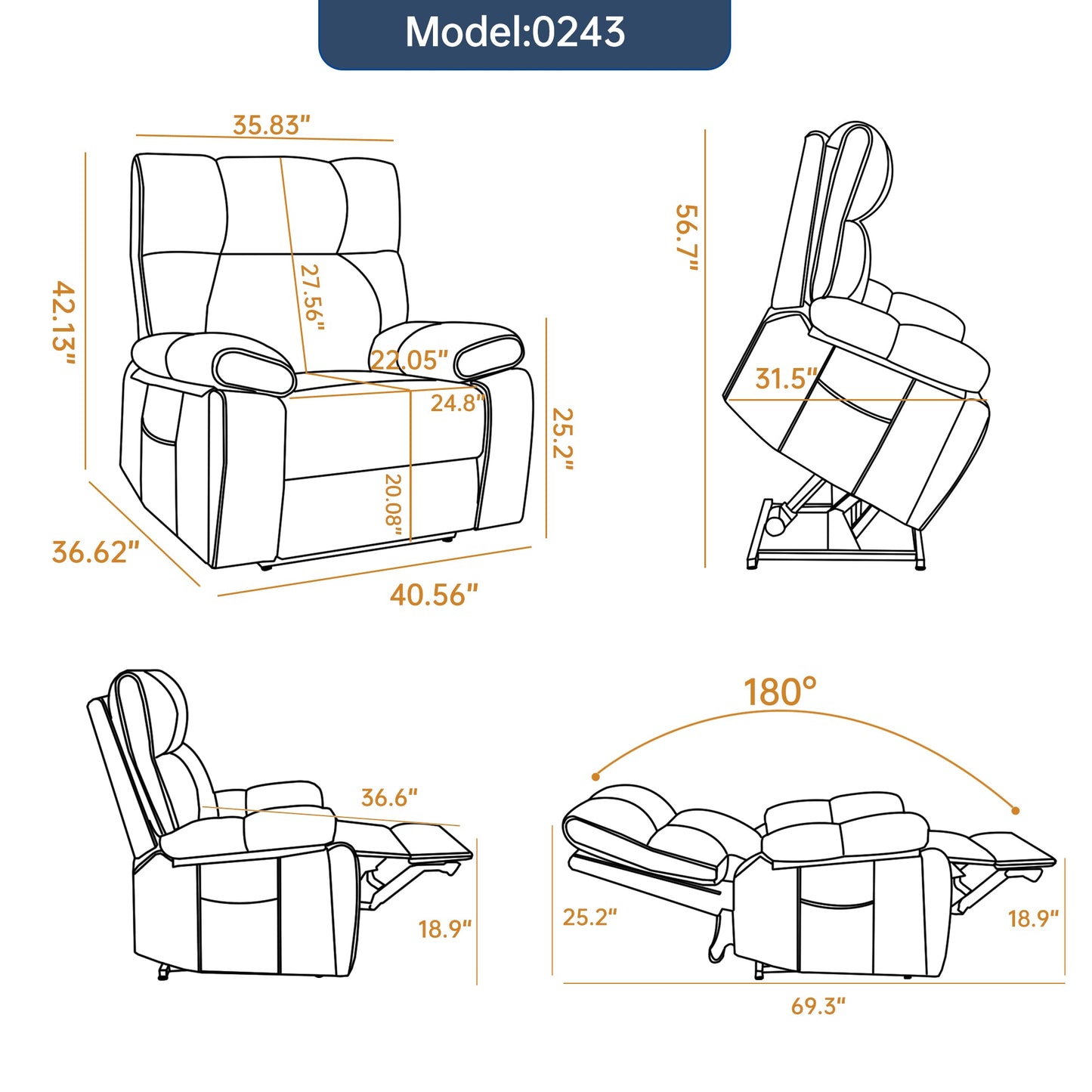 Orange Leatheraire Heat Massage Dual Motor Recliner