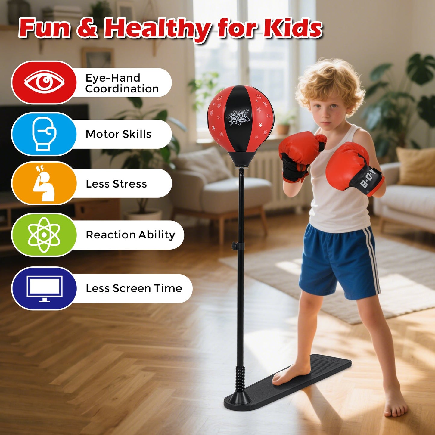 Kids Punching Bag with Adjustable Stand and Boxing Gloves