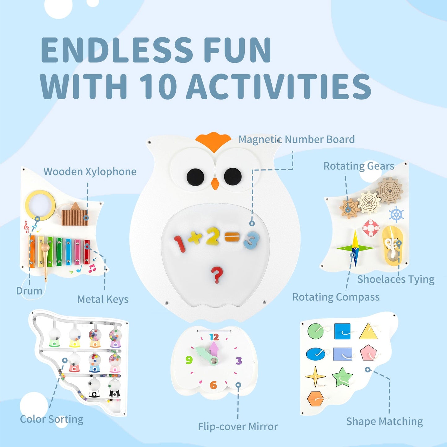 11-in-1 Toddler Learning Activity Center Owl Activity Wall Busy Board Panels for 3+ Years Old