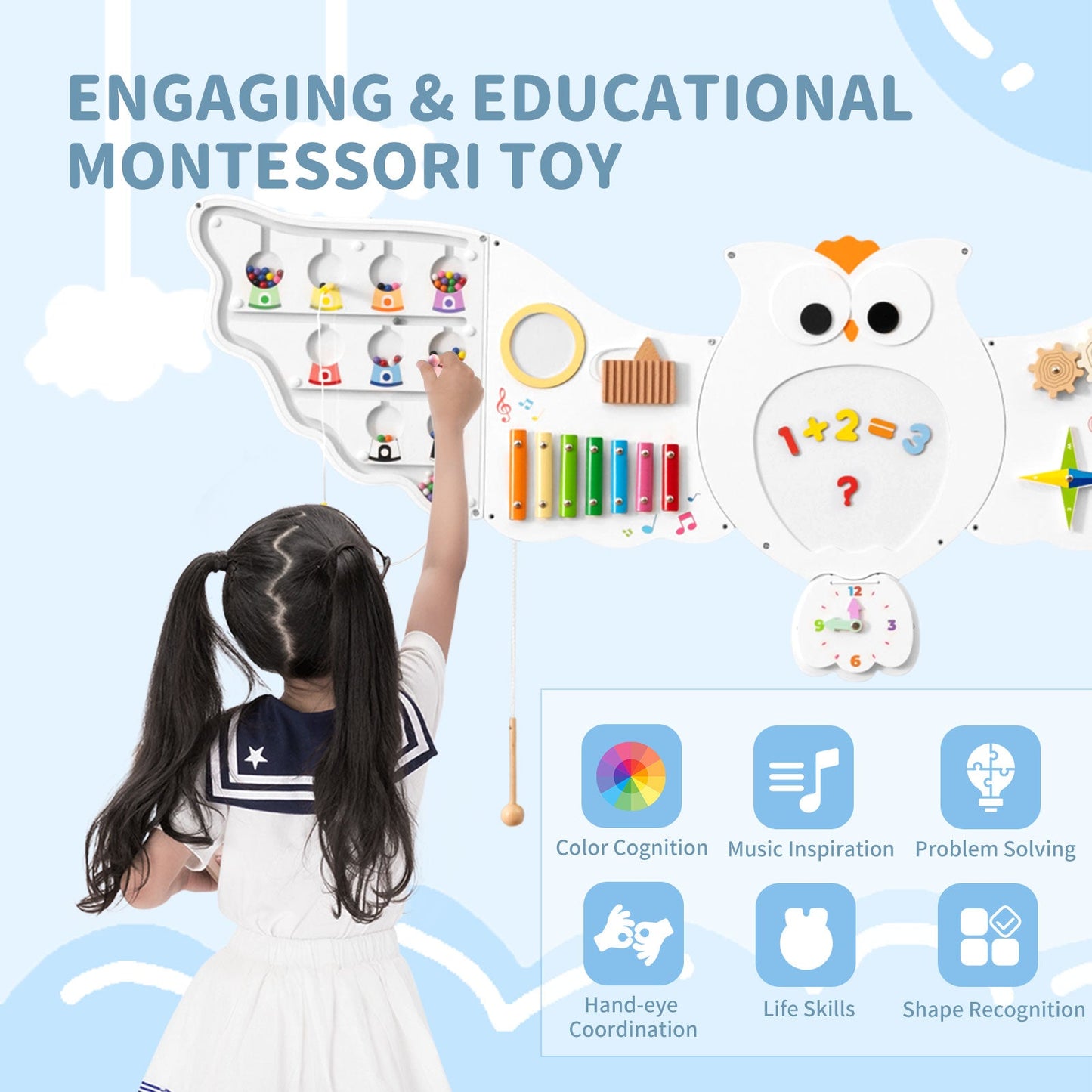 11-in-1 Toddler Learning Activity Center Owl Activity Wall Busy Board Panels for 3+ Years Old