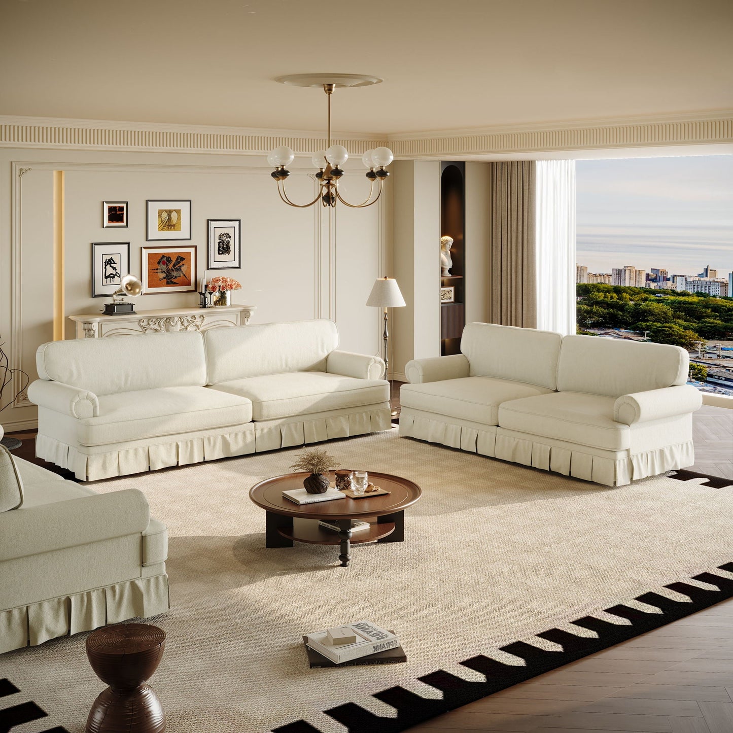 Luxuriously Comfortable Cloud Couch With Elegant Rolled Arms & Pleated Skirt Design