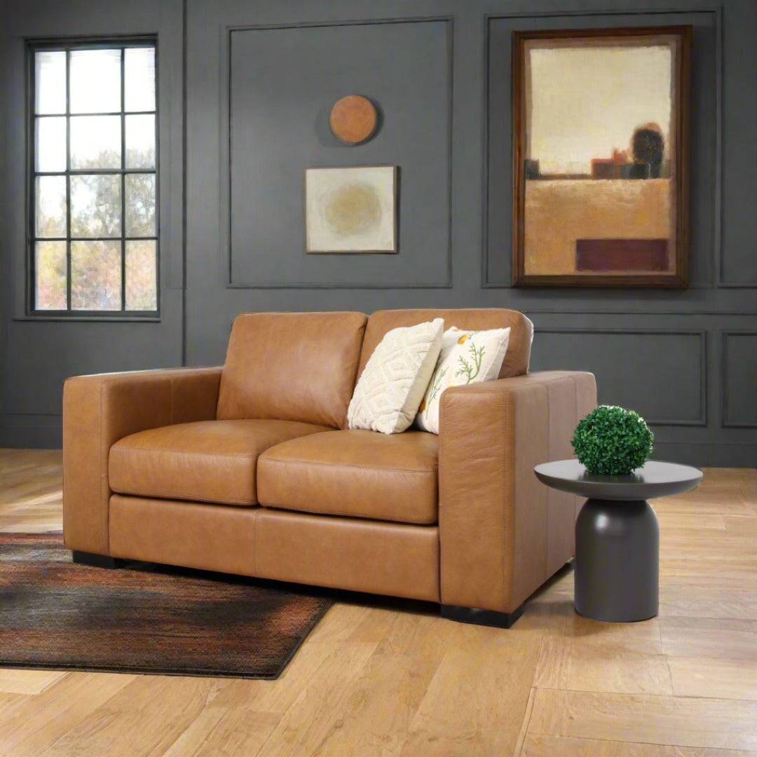 Argento Top Grain Leather Love Seat - Tan