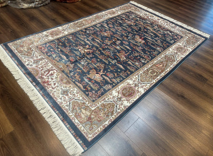 Turkish Silk Rug 5x8, Hunting Design, Animal Pictorials, Steel Blue & Ivory, Bamboo Silk