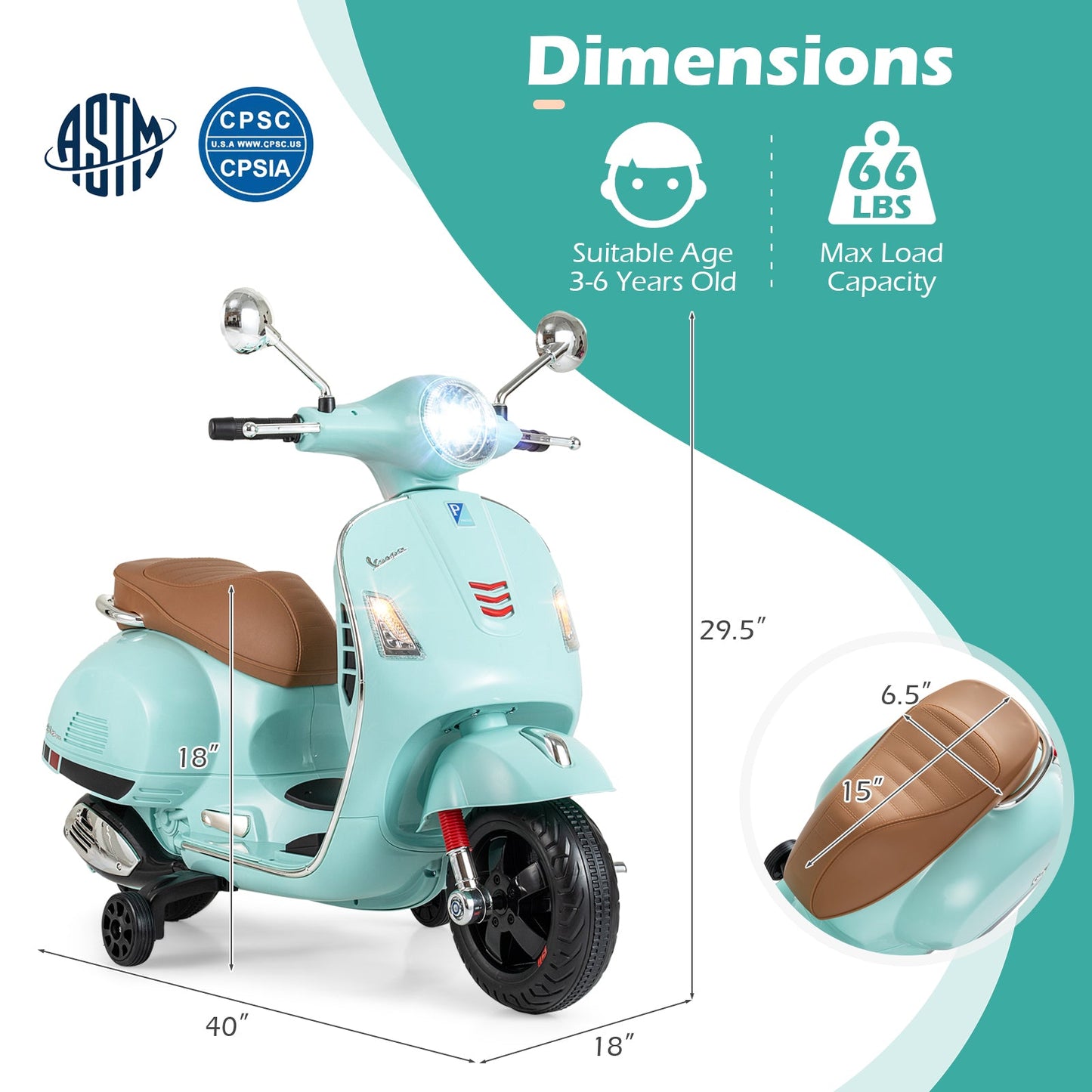 12V Kids Electric Motorcycle Licensed VESPA with Music and Training Wheels