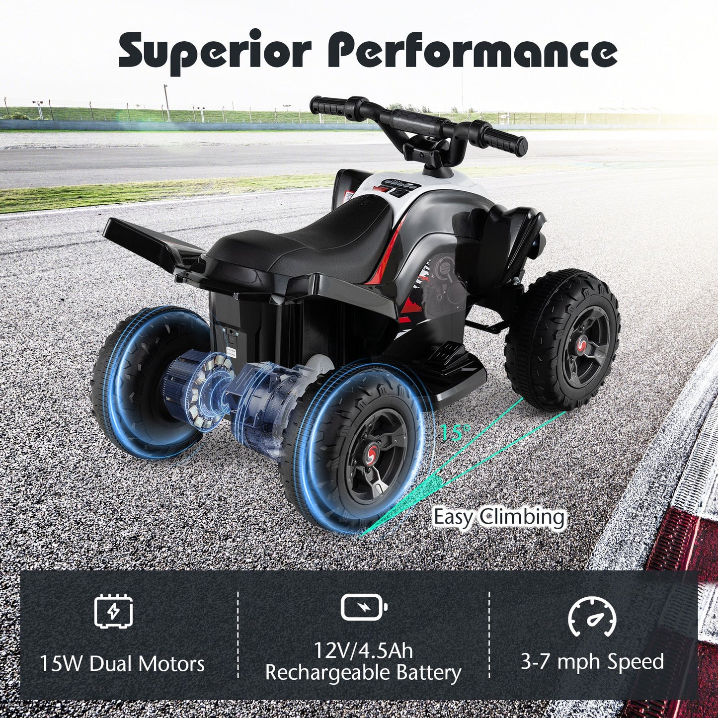 12V Kids Ride On ATV 4-Wheeler Quad with LED Lights and 7 mph Max Speed