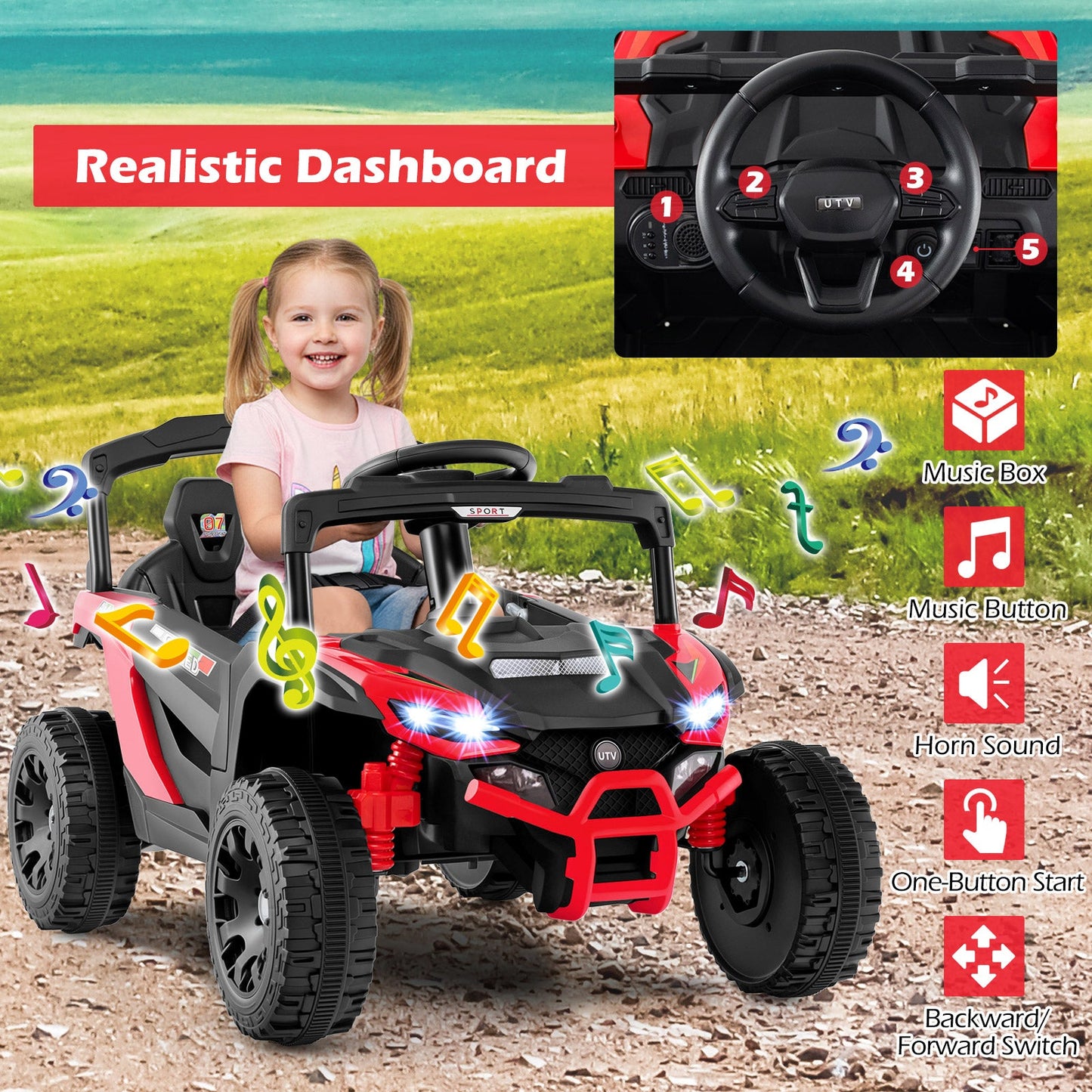 12V Kids Ride On Car UTV Electric Vehicle with LED Lights Music and Horn