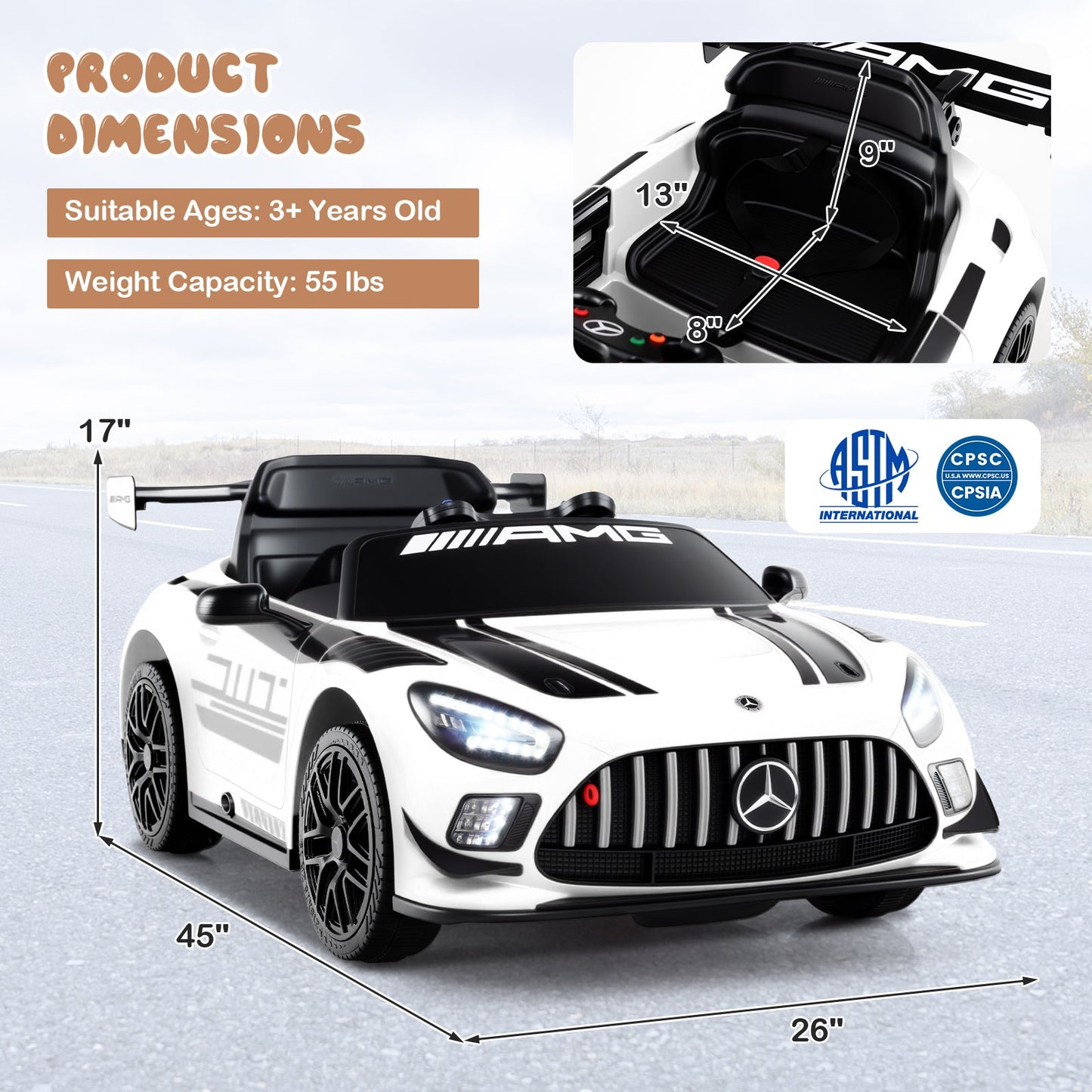 12V Kids Ride-On Car Mercedes-AMG GT3 Licensed with Adjustable Speed